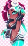  2017 beauty_mark blush cephalopod clothing dark_skin female fingerless_gloves gloves headphones hi_res humanoid marina_(splatoon) marine navel nintendo not_furry octoling smile solo splatoon tentacle_hair tentacles video_games 潤次郎@イカ垢 