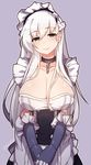  apron azur_lane bangs belfast_(azur_lane) blue_gloves blush breasts chain cleavage closed_mouth collar commentary dress eyebrows_visible_through_hair gloves hair_between_eyes head_tilt highres large_breasts long_hair maid maid_apron maid_headdress metal_collar purple_background purple_eyes simple_background smile solo standing tilt-shift twitter_username upper_body v_arms very_long_hair waist_apron white_hair 