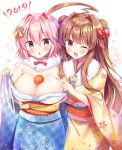  2girls alternate_costume blush breasts brown_eyes brown_hair eyebrows_visible_through_hair floral_print food fruit gradient gradient_background hair_between_eyes hair_ornament hairclip happy_new_year heart highres japanese_clothes kantai_collection kimono kuma_(kantai_collection) large_breasts long_hair mandarin_orange masayo_(gin_no_ame) multiple_girls new_year no_bra one_eye_closed open_mouth pink_hair red_eyes short_hair tama_(kantai_collection) yukata 