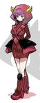  1girl arms_behind_back boots breasts fake_horns flipped_hair full_body high_heel_boots high_heels hood hoodie horned_headwear kagari_(pokemon) kagari_(pokemon)_(remake) knee_boots looking_down momogesomaru parted_lips pokemon pokemon_(game) pokemon_oras purple_eyes purple_hair red_footwear ribbed_sweater short_hair sitting solo sweater team_magma turtleneck turtleneck_sweater uniform walking white_background 