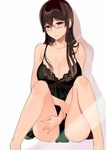  bare_legs bare_shoulders black_hair breasts cleavage closed_mouth commentary_request feet_out_of_frame glasses hair_between_eyes large_breasts lingerie long_hair looking_at_viewer negligee red_eyes sakuramachi_touko sasamori_tomoe semi-rimless_eyewear sitting smile succubus_stayed_life under-rim_eyewear underwear 