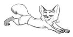  2017 3_toes anthro bedroom_eyes canine claws clothed clothing dipstick_tail disney fox fuel_(artist) gloves_(marking) greyscale half-closed_eyes lying male mammal markings monochrome multicolored_tail nick_wilde on_front seductive signature simple_background smile socks_(marking) solo stretching toes topless white_background zootopia 