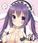  alternate_costume animal_ears blush breasts bunny_ears cleavage eyebrows_visible_through_hair fake_animal_ears fleur_de_lapin_uniform gochuumon_wa_usagi_desu_ka? large_breasts long_hair looking_at_viewer pink_background polka_dot polka_dot_background purple_eyes purple_hair shibainu_niki signature solo speech_bubble spoken_blush tedeza_rize twintails upper_body wrist_cuffs 