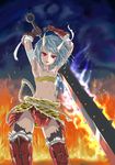  animal_print armpits arms_up bandaged_arm bandages bandeau breasts club eba_uenihane faulds fire gloves greaves grey_hair holding holding_weapon horns kanabou looking_at_viewer night night_sky oni_horns original outdoors panties parted_lips red_armor red_eyes rope shimenawa short_hair short_shorts shorts sky small_breasts solo spiked_club standing stomach striped striped_panties tiger_print underwear vambraces weapon yellow_panties yellow_shorts 