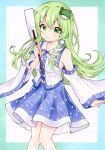  1girl bare_shoulders blue_border blue_skirt blush border breasts closed_mouth collared_shirt commentary detached_sleeves dot_nose frog_hair_ornament gohei green_eyes green_hair hair_intakes hair_ornament hair_tubes highres holding holding_gohei kochiya_sanae long_hair long_sleeves looking_at_viewer marker_(medium) medium_breasts midriff_peek patterned_clothing print_skirt shirt single_hair_tube single_sidelock skirt sleeveless sleeveless_shirt sleeves_past_wrists smile snake_hair_ornament solo touhou traditional_media wide_sleeves yuiki_(cube) 