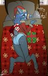  2017 anthro bed blaketheflareon blue_eyes blue_hair butt camel_toe candy candy_cane cervine christmas clothing costume deer digital_media_(artwork) female food gift hair hat holidays laying_on_stomach looking_at_viewer looking_back lying mammal minty_autumn on_side panties presenting presenting_hindquarters santa_costume santa_hat solo underwear 