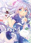  angora_rabbit animal ass blue_eyes blue_hair bunny chestnut_mouth dress gochuumon_wa_usagi_desu_ka? hair_ornament hairclip index_finger_raised kafuu_chino light_blue_hair mitsumomo_mamu pantyhose sailor_dress tippy_(gochiusa) white_legwear x_hair_ornament 