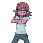  1girl akane_(milky_galactic_universe) alien artist_request bandana blue_pants brown_hair child colored_skin commentary_request concept_art cowboy_shot crew_neck crossed_arms denim hair_between_eyes jeans kameyama_yohei long_bangs long_pointy_ears medium_hair milky_galactic_universe milky_subway no_humans pants pink_skin pocket pointy_ears production_art red_bandana red_eyes shirt striped_bandana white_background white_shirt white_sleeves 