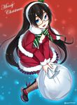  black_hair blue_eyes blue_legwear capelet christmas dress from_above full_body fur-trimmed_dress fur_trim glasses gradient gradient_background hairband highres kantai_collection long_hair looking_at_viewer ooyodo_(kantai_collection) open_mouth red_dress red_legwear ryou@ryou sack semi-rimless_eyewear smile solo twitter_username 