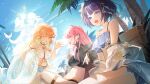  3girls absurdres ahoge arm_rest bare_shoulders bikini black_bikini black_nails blue_bikini blunt_bangs body_jewelry braid breasts cleavage cloud commentary day earrings fang feather_earrings feathers fingernails flat_chest flower frilled_bikini_top gold_trim green_bikini halterneck happyongdal highres holding holding_swim_ring hololive hololive_english holomyth holonatsu_paradise jewelry large_breasts long_hair long_sleeves looking_at_another looking_at_viewer mismatched_bikini mori_calliope mori_calliope_(holonatsu_paradise) multiple_girls navel ninomae_ina'nis ninomae_ina'nis_(holonatsu_paradise) official_alternate_costume on_bench open_hand open_mouth orange_hair outdoors palm_tree pink_eyes pink_hair purple_eyes purple_hair short_hair sitting sky stomach sun swim_ring swimsuit swimsuit_cover-up symbol-only_commentary takanashi_kiara takanashi_kiara_(holonatsu_paradise) talking tentacle_sex tentacles thigh_strap transparent_swim_ring tree virtual_youtuber white_bikini white_flower 