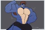 absurd_res anthro armpit_hair artist_name barazoku belly big_bulge big_muscles black_eyebrows blue_body bodily_fluids body_hair border briefs briefs_only brown_armpit_hair bulge clenched_teeth clothed clothed_anthro clothed_male clothing crocodilian eyebrows flat_colors flexing grey_background hi_res huge_bulge male male_anthro melaisen muscular muscular_anthro muscular_male noku_nei_cipactli pecs portrait reptile scalie simple_background solo sweat tan_belly tan_teeth teeth text three-quarter_portrait topless topless_anthro topless_male underwear underwear_only white_border