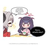  2girls ahoge apron blue_archive bowl chibi closed_mouth commentary donmin_h english_commentary food food_on_face frilled_apron frills fuuka_(blue_archive) gradient_hair grey_hair halo holding holding_spoon horns izumi_(blue_archive) izumi_(new_year)_(blue_archive) japanese_clothes kimono long_hair long_sleeves multicolored_hair multiple_girls no_nose official_art pajamas pink_pajamas pink_shirt pout puffy_long_sleeves puffy_sleeves purple_hair red_kimono shirt speech_bubble spoon sweatdrop tongue tongue_out under_covers v-shaped_eyebrows wide_sleeves yellow_halo 