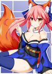  animal_ears bare_shoulders blue_legwear blush bow breasts cleavage collarbone detached_sleeves fate/grand_order fate_(series) fox_ears fox_shadow_puppet fox_tail hair_bow hair_ribbon highres japanese_clothes large_breasts looking_at_viewer mizuki_(kogetsu-tei) off_shoulder pink_hair ribbon sitting solo tail tamamo_(fate)_(all) tamamo_no_mae_(fate) thighhighs yellow_eyes 
