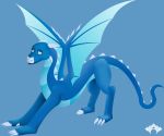  2018 alira_longtail_(character) ambiguous_gender blue_eyes blue_scales cyan_scales dragon feral horn scales simple_background solo stretching wawor wings 