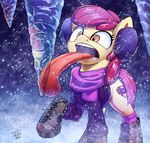  2017 apple_bloom_(mlp) boots clothing earmuffs equine footwear friendship_is_magic horse ice long_tongue mammal my_little_pony pony snow snowing solo tongue tongue_out tsitra360 