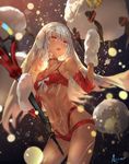  :o altera_(fate) altera_the_santa artist_name azomo bangs bare_shoulders bra bright_pupils choker cowboy_shot detached_sleeves earmuffs fate/grand_order fate_(series) gloves headband highres holding light_particles looking_up mittens navel open_mouth panties red_bra red_choker red_eyes red_panties sheep short_hair solo standing tattoo underwear veil white_gloves 