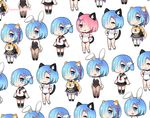  :3 :d animal_ears ayamy black_footwear black_legwear black_leotard black_sailor_collar black_skirt blue_eyes blue_hair blush_stickers brown_legwear bunny_ears bunny_tail bunnysuit buruma cat_ears cat_tail chibi closed_mouth dog dog_ears dog_tail facing_viewer gym_uniform hair_ornament hair_over_one_eye hairclip legs_together leotard looking_at_viewer maid multiple_girls multiple_views name_tag odd_one_out open_mouth pantyhose pink_eyes pink_hair pleated_skirt ram_(re:zero) re:zero_kara_hajimeru_isekai_seikatsu red_eyes rem_(re:zero) round_teeth sailor_collar school_uniform serafuku shoes short_hair short_sleeves skirt smile socks standing tail teeth triangle_mouth twintails twitter_username white_background white_legwear x_hair_ornament 