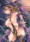  armpits arms_up bangs black_hair black_legwear black_swimsuit blush breasts brown_eyes cape chain elbow_gloves eyebrows_visible_through_hair gloves holding holding_weapon horns large_breasts long_hair looking_at_viewer makirin navel nipple_slip nipples o-ring o-ring_swimsuit open_mouth purple_gloves sennen_sensou_aigis slingshot_swimsuit solo sophie_(sennen_sensou_aigis) standing sweat swimsuit thighhighs torn_cape torn_clothes torn_gloves torn_legwear torn_swimsuit very_long_hair weapon wings 