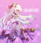  1girl bare_shoulders bunny_day character_request copyright_request cowboy_shot dark-skinned_female dark_skin holding holding_sword holding_weapon katana leotard long_hair nakayama_tooru purple_background purple_eyes solo sword twitter_username weapon white_hair white_leotard 