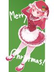  adjusting_clothes adjusting_hat alternate_costume apron bell collar dress frilled_collar frilled_skirt frills from_above hair_bobbles hair_ornament hat high_heels highres kantai_collection looking_at_viewer merry_christmas pink_eyes pink_hair red_dress santa_costume santa_hat sazanami_(kantai_collection) shoes short_hair skirt smile solo suppaman_(rfjy) thighhighs twintails white_legwear 