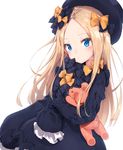  abigail_williams_(fate/grand_order) bangs black_bow black_dress blonde_hair blue_eyes blush bow commentary_request dress fate/grand_order fate_(series) forehead hair_bow hat highres holding holding_stuffed_animal long_hair long_sleeves looking_at_viewer minikon object_hug orange_bow parted_bangs polka_dot polka_dot_bow simple_background sleeves_past_fingers sleeves_past_wrists solo stuffed_animal stuffed_toy teddy_bear very_long_hair white_background 