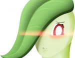  2018 blush chikorita close-up covered_eye female green_skin humanoid leaf nintendo owo pok&eacute;mon pok&eacute;mon_(species) red_eyes shy simple_background smile solo video_games wawor 