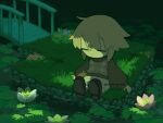  1girl black_shoes blonde_hair bridge brown_sweater chibi chibi_only closed_eyes commentary flower grey_skirt grey_sweater_vest hair_flaps lily_pad mixed-language_commentary no_mouth plaid_clothes plaid_sweater_vest plaid_vest regurusu_(nagarevosi) river shoes short_hair sidelocks sitting skirt solo sweater sweater_vest twitter_username urotsuki vest water water_lily_flower wooden_bridge yume_2kki 
