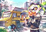  2017 beverage building cephalopod city clothing cloud detailed eyewear fangs fingerless_gloves food gloves goggles hi_res humanoid inkling jacket male marine mask nintendo not_furry outside solo_focus splatoon tentacle_hair tentacles vehicle video_games yellow_eyes zoff 
