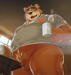  2017 anthro balls bear beverage blush bottomless brown_fur clothed clothing convenient_censorship cup drinks eyewear fur glasses male mammal oak orchish_(pixiv) overweight overweight_male penis pubes shirt solo tokyo_afterschool_summoners uncut volos 