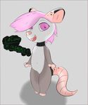  2017 3_toes absurd_res anthro chibi cute dialogue digital_media_(artwork) english_text feet female flat_chested fur hair hi_res invalid_tag looking_at_viewer mammal marsupial mikalovesyou nude open_mouth opossum pink_eyes pink_fur pink_hair simple_background smile solo standing text toes tongue 