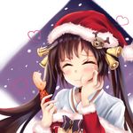  bangs bell blush brown_hair burenqi_zuidai choker closed_eyes coat commentary eating flying_heart food fur-trimmed_coat fur-trimmed_hat fur_trim girls_frontline hair_bell hair_ornament hand_on_own_cheek hat heart holding holding_food long_hair m14_(girls_frontline) off_shoulder outdoors puffy_cheeks ribbon santa_costume santa_hat shirt sidelocks smile snow snowing solo twintails white_shirt 