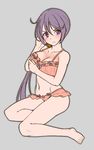  &gt;:( ahoge akebono_(kantai_collection) alternate_breast_size arm_under_breasts bangs bare_arms bare_legs bare_shoulders barefoot bell blush breast_hold breasts closed_mouth collarbone commentary_request eyebrows_visible_through_hair frills grey_background hair_bell hair_ornament hand_in_hair jingle_bell kantai_collection large_breasts long_hair looking_at_viewer purple_hair side_ponytail simple_background solo v-shaped_eyebrows very_long_hair yuki_to_hana 