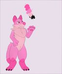  2017 anthro canine digital_media_(artwork) fluffy fur hi_res mammal mikalovesyou model_sheet nude pink_eyes pink_fur simple_background smile solo standing waving 