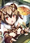  :o absurdres adapted_costume alternate_breast_size arm_warmers armor armored_dress bangs breasts brown_dress brown_gloves brown_hair commentary cooking curry detached_sleeves dress dutch_angle eurasian_eagle_owl_(kemono_friends) food food_on_face from_above fur_collar gloves hair_between_eyes headgear highres holding holding_spoon holding_tray hourglass indoors jie_laite kemono_friends light_particles looking_at_viewer medium_breasts multicolored_hair open_mouth orange_eyes pot rice short_hair solo spoon standing table tray two-tone_hair wooden_spoon 
