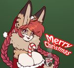  2017 ahoge anthro beverage big_breasts big_ears braided_hair breasts candy candy_cane christmas cleavage clothed clothing english_text feline female food gamma_(scorpdk) hair hi_res holidays long_hair looking_at_viewer lynx mammal open_mouth pigtails scorpdk simple_background text twin_braids 