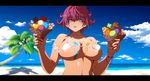  bangs bare_arms bare_shoulders beach bikini blue_eyes blue_sky blush breasts breasts_apart collarbone commentary_request covered_nipples day eyebrows_visible_through_hair food food_on_body hands_up holding ice_cream ice_cream_cone large_breasts looking_at_viewer micro_bikini ocean original outdoors palm_tree purple_hair short_hair sky solo stomach summer swimsuit tan tobestyle tongue tongue_out tree upper_body water 