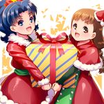  :d arisugawa_himari blue_eyes blue_hair bow box brown_eyes brown_hair capelet carrying christmas commentary_request eyebrows fang gift gift_box hair_bow hat highres kirakira_precure_a_la_mode long_hair looking_at_viewer mini_hat mini_santa_hat multiple_girls open_mouth precure red_bow red_hat santa_costume santa_hat sayousuke short_hair smile tategami_aoi thick_eyebrows tilted_headwear 