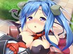  1girl blue_hair blush breasts demon_girl demon_horns demon_tail demon_wings erect! female horns large_breasts open_mouth purple_eyes seductive_smile succubus tail wings 