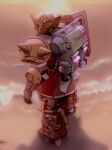 backpack bag beach full_body gundam mecha mecha_focus mobile_suit_gundam moroboshi_danshaku no_humans ocean robot shore sunset water waves zaku_ii_s_char_custom zeon 