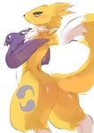  2017 3_fingers ambiguous_gender anthro armwear black_sclera blue_eyes blush bridal_gauntlets butt butt_pose canine claws clothing digimon facial_markings fur hi_res mammal markings neck_tuft nuko0923 open_mouth purple_armwear purple_clothing renamon simple_background solo tuft white_background yellow_fur 