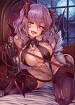  1girl bikini breasts demon_girl demon_horns demon_tail demon_wings female gloves horns huge_breasts long_gloves naughty_face nude purple_hair red_eyes seductive_smile smile solo succubus tail thighhighs tongue tongue_out whip wings 