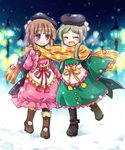  :d ^_^ boots brown_hair closed_eyes commentary_request dress eyebrows_visible_through_hair gloves green_hair hat heart mittens multiple_girls night nishida_satono open_mouth pom_pom_(clothes) pote_(ptkan) print_scarf purple_eyes scarf shared_scarf short_hair_with_long_locks smile snow snowing star star_print tate_eboshi teireida_mai touhou unmoving_pattern wide_sleeves winter yellow_scarf 