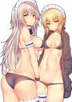  arm_garter artoria_pendragon_(all) artoria_pendragon_(swimsuit_rider_alter) ass bangs bikini bikini_under_clothes black_bikini black_bow black_jacket blonde_hair blush bow braid breasts brown_hair closed_mouth collarbone commentary_request cowboy_shot eyebrows_visible_through_hair fate/grand_order fate_(series) french_braid hair_bow hands_in_pockets highres hood hood_down hooded_jacket jacket jeanne_d'arc_(alter)_(fate) jeanne_d'arc_(fate)_(all) large_breasts leg_garter long_hair looking_at_viewer lowleg lowleg_bikini maid_headdress medium_breasts multiple_girls navel open_clothes open_jacket saber_alter simple_background standing suteba_(grzjkbhgf) sweatdrop swimsuit twisted_torso white_background 