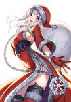  :d alternate_costume blue_eyes breasts chain commentary_request gloves hat kamoi_(kantai_collection) kantai_collection kyon_(fuuran) long_hair long_sleeves medium_breasts open_mouth pom_pom_(clothes) red_gloves santa_costume santa_hat simple_background smile solo white_background white_hair 