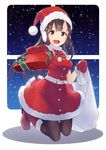  black_legwear blush box brown_eyes brown_hair gift gift_box gloves hat highres idolmaster idolmaster_cinderella_girls long_hair looking_at_viewer mizumoto_yukari open_mouth outstretched_arm pantyhose red_gloves sack santa_costume santa_hat smile solo yomio 