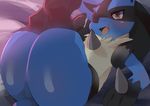  2017 ambiguous_gender black_fur blue_fur blush butt canine fur looking_at_viewer lucario mammal nintendo nuko0923 open_mouth pok&eacute;mon pok&eacute;mon_(species) red_eyes solo video_games yellow_fur 