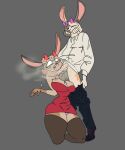  absurd_res angry animal_humanoid annoyed anthro balls bec_the_rabbit big_penis bigbun_3 bodily_fluids bottomwear bottomwear_down breasts bun-e cleavage clenched_teeth clothed clothing collared_shirt dress dress_shirt duo female fur genitals hand_on_head hi_res horn humanoid kneeling lagomorph lagomorph_humanoid legwear leporid leporid_humanoid male male/female mammal mammal_humanoid one_eye_closed panties pants pants_down partially_clothed penis pink_clothing pink_panties pink_underwear rabbit rabbit_humanoid shirt standing standing_on_toes stockings tan_body tan_fur teeth topwear underwear 