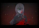  1girl arms_at_sides assault_lily black_shirt blood blood_on_face blood_spray commentary embers gradient_background green_eyes grey_hair hairpods heterochromia letterboxed long_hair long_sleeves looking_at_viewer nigari_(ngari_0115) parted_bangs parted_lips red_background red_eyes shiba_tomoshibi shirt solo turn_pale upper_body wide-eyed 
