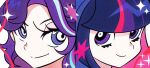  2girls alternate_skin_color black_hair blue_hair blunt_bangs close-up closed_mouth colored_inner_hair commentary cutie_mark english_commentary film_grain highres looking_at_another looking_back multicolored_eyes multicolored_hair multiple_girls my_little_pony my_little_pony:_equestria_girls my_little_pony:_friendship_is_magic panty_&amp;_stocking_with_garterbelt_(style) pink_hair portrait purple_eyes purple_hair simple_background smile sparkle star_(symbol) starlight_glimmer starlight_glimmer_(equestria_girls) streaked_hair tkotu twilight_sparkle twilight_sparkle_(human) two-tone_eyes v-shaped_eyebrows wavy_hair white_background white_eyes 