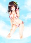  bikini breasts brown_hair flower frofrofrost hair_flower hair_ornament highres izumi_rina large_breasts long_hair navel one_eye_closed phantasy_star_online_2_the_animation pink_eyes smile solo sunflower swimsuit water 